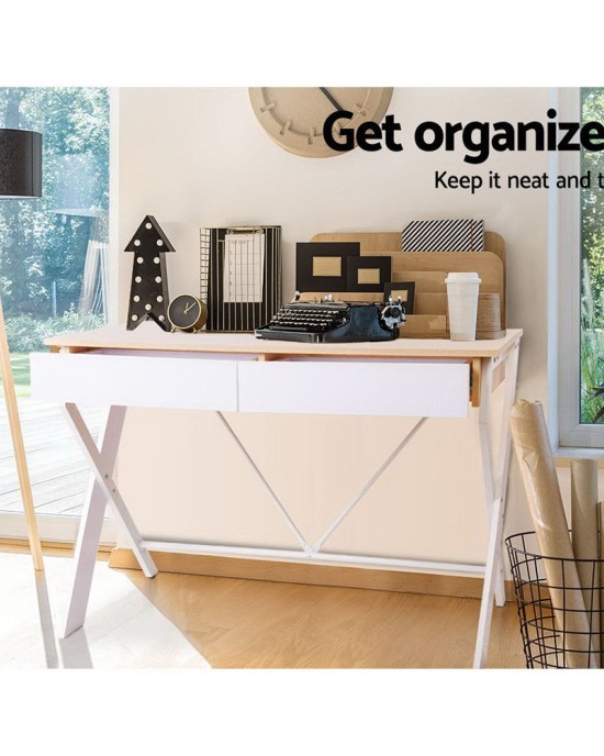 Metal Desk with Drawer – White with Oak Top