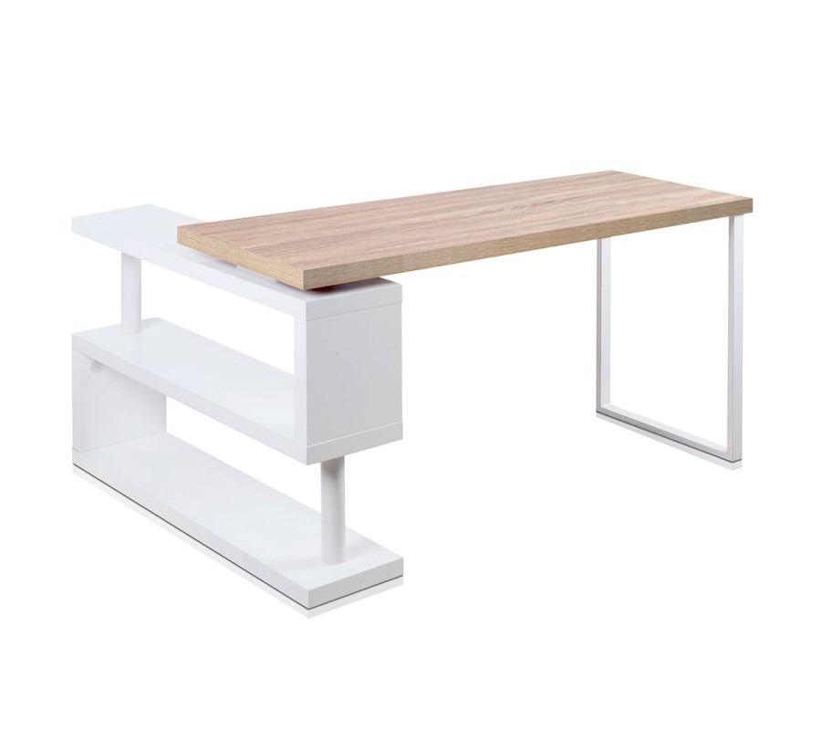 Rotary Corner Desk with Bookshelf – Brown & White Rotary Corner Desk with Bookshelf – Brown & White