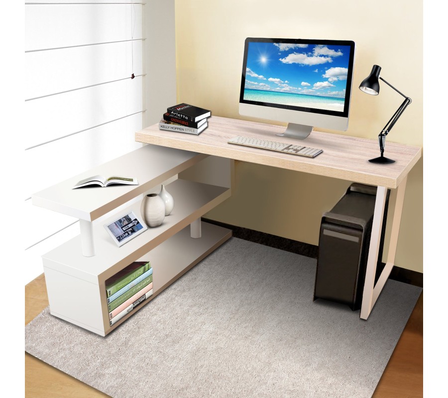 Rotary Corner Desk with Bookshelf – Brown & White Rotary Corner Desk with Bookshelf – Brown & White