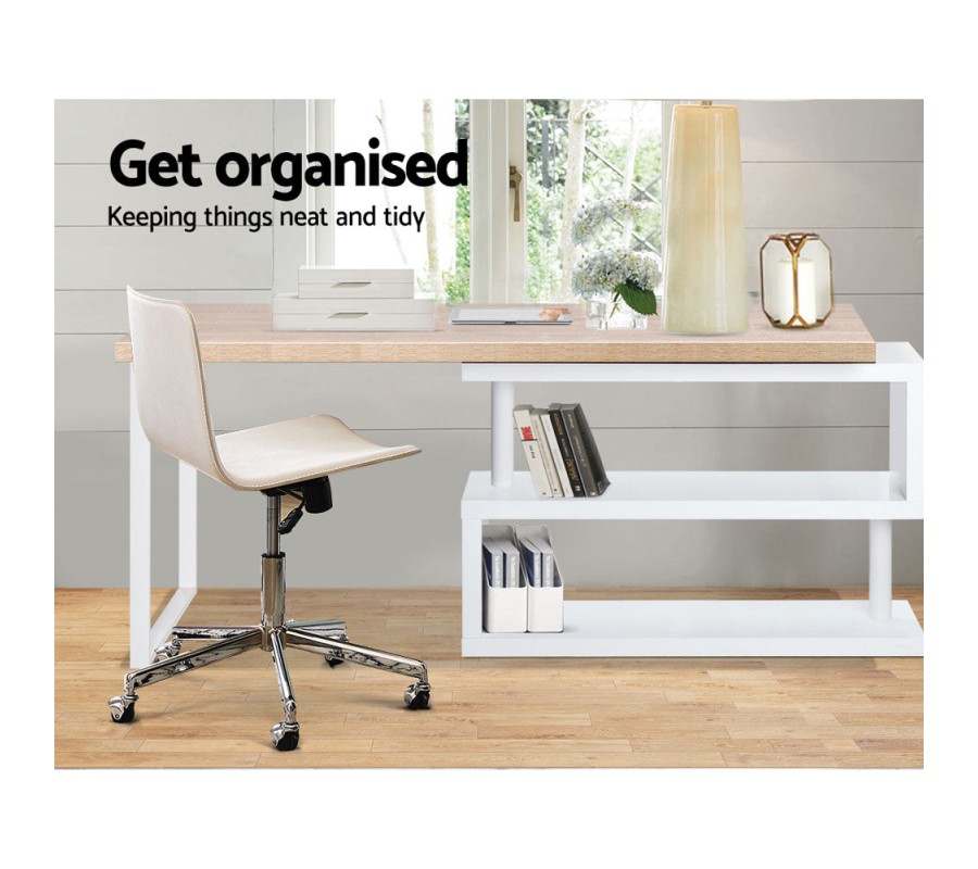 Rotary Corner Desk with Bookshelf – Brown & White Rotary Corner Desk with Bookshelf – Brown & White