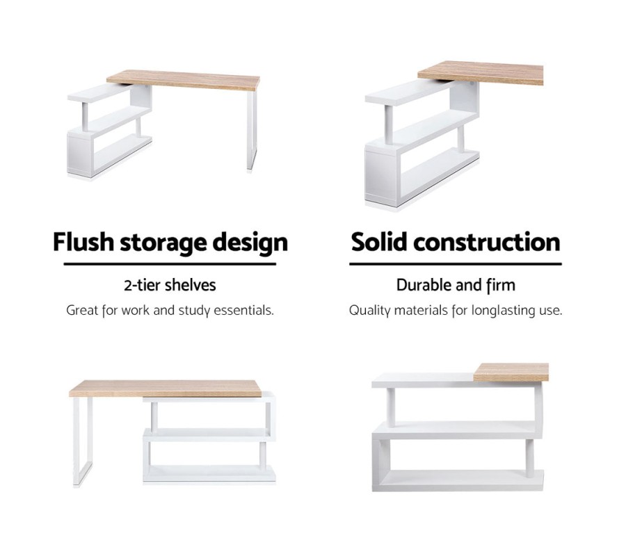 Rotary Corner Desk with Bookshelf – Brown & White Rotary Corner Desk with Bookshelf – Brown & White