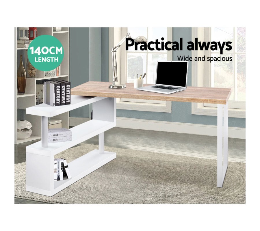 Rotary Corner Desk with Bookshelf – Brown & White Rotary Corner Desk with Bookshelf – Brown & White