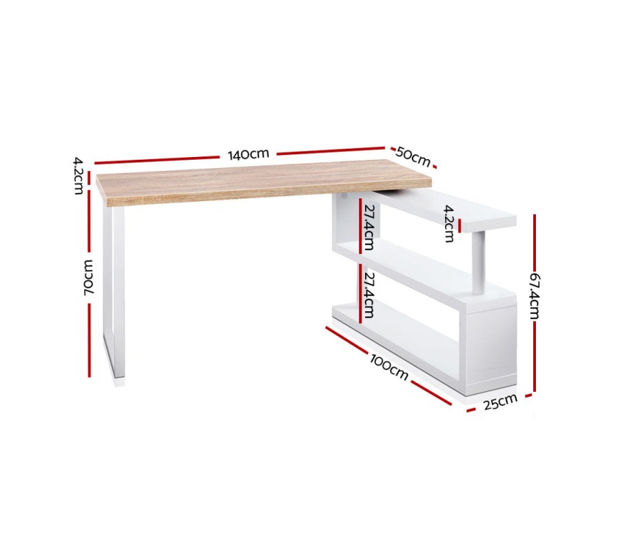 Rotary Corner Desk with Bookshelf – Brown & White Rotary Corner Desk with Bookshelf – Brown & White