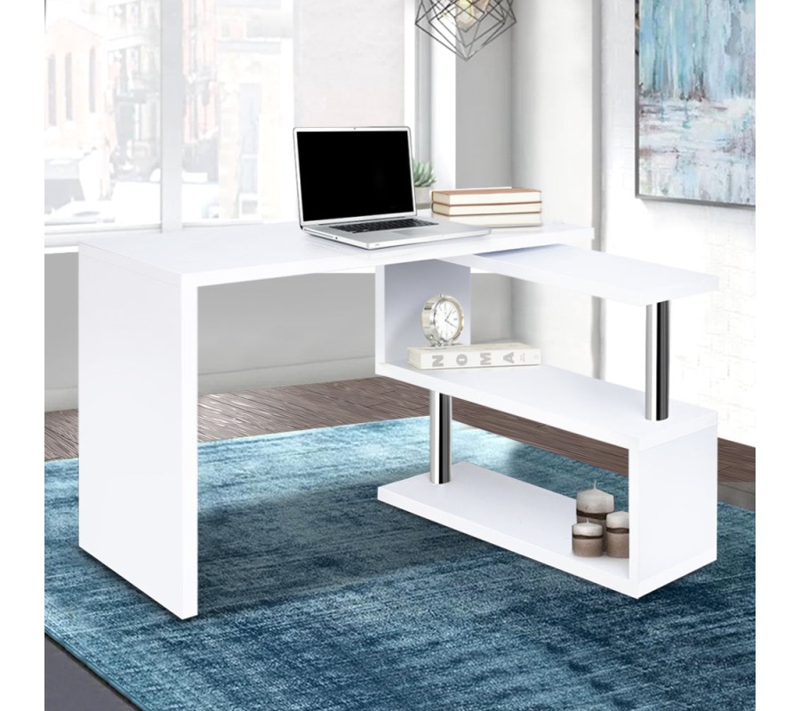 Rotary Corner Desk with Bookshelf – White Rotary Corner Desk with Bookshelf – White