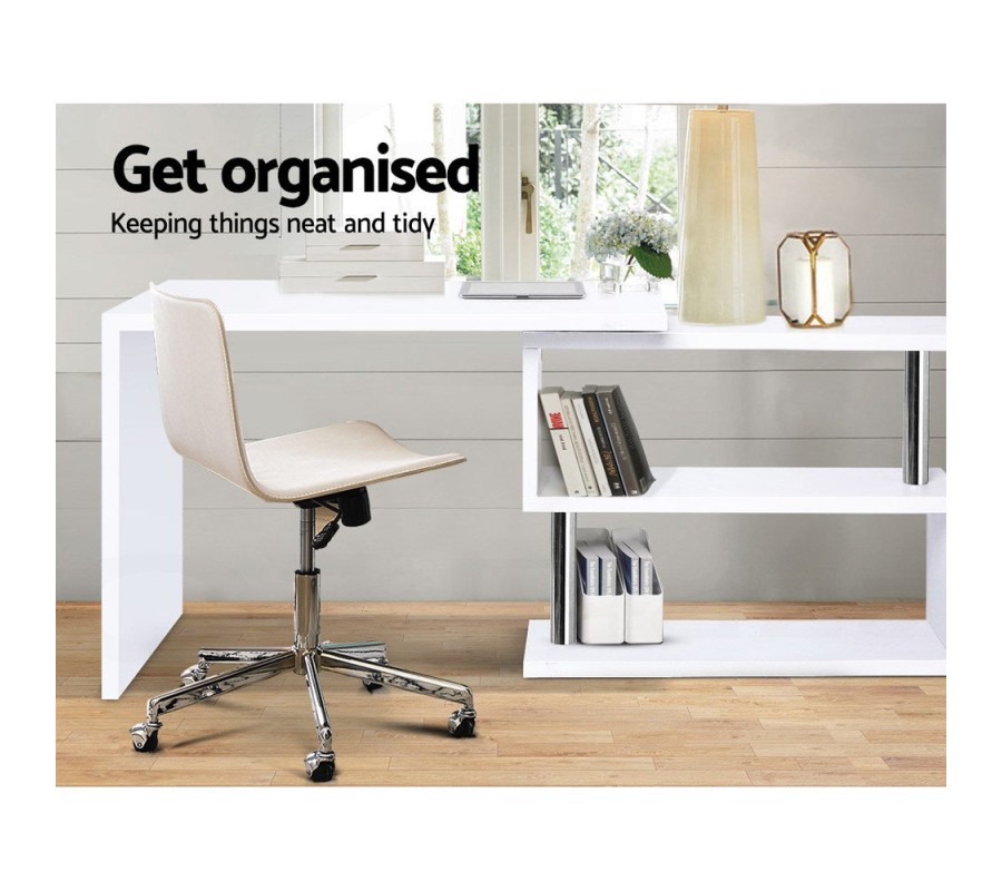 Rotary Corner Desk with Bookshelf – White Rotary Corner Desk with Bookshelf – White