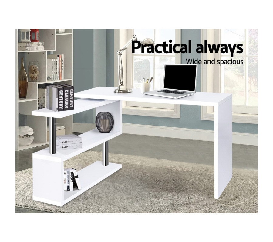 Rotary Corner Desk with Bookshelf – White Rotary Corner Desk with Bookshelf – White