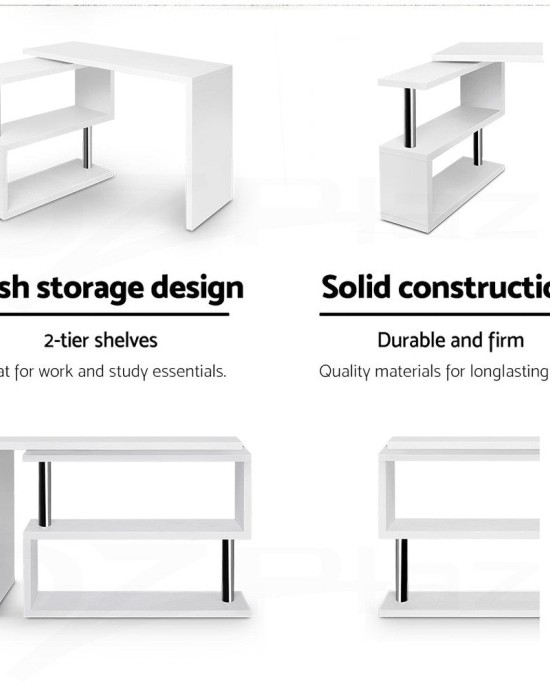 Rotary Corner Desk with Bookshelf – White