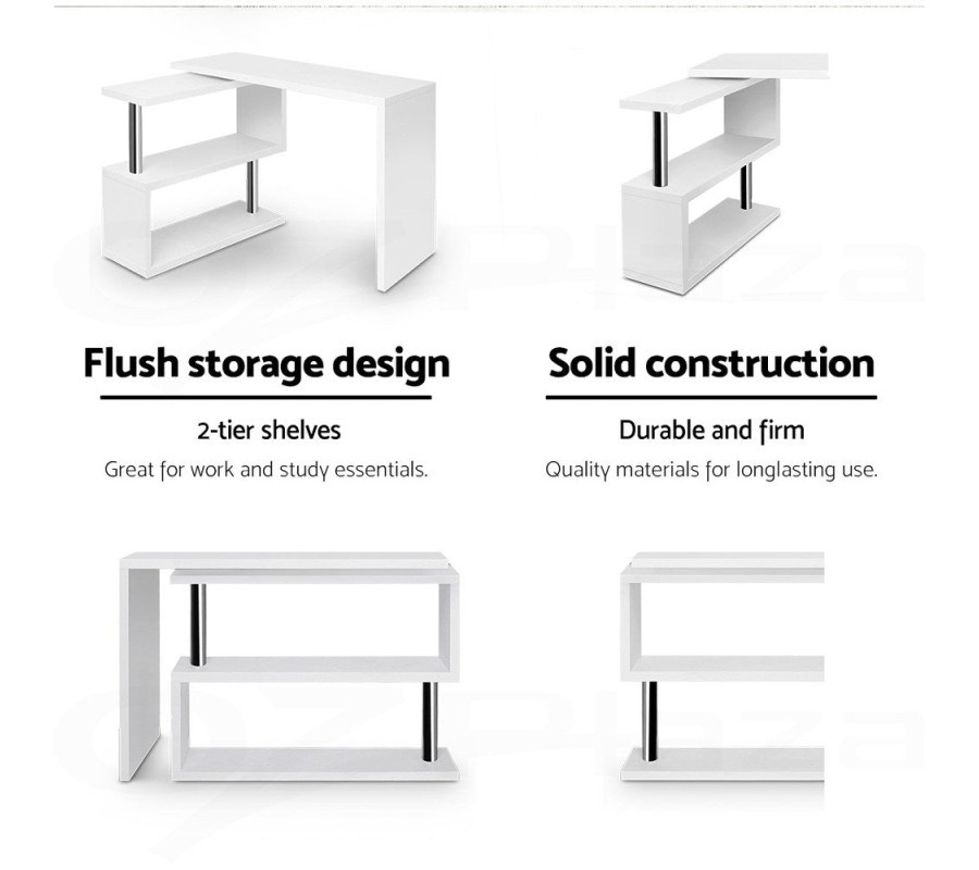 Rotary Corner Desk with Bookshelf – White Rotary Corner Desk with Bookshelf – White