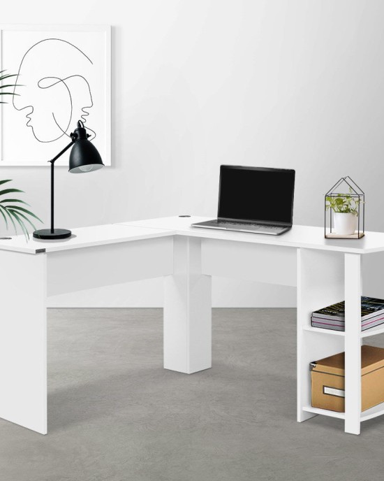 Office Computer Desk Corner Student Study Table Workstation L-Shape Shelf White