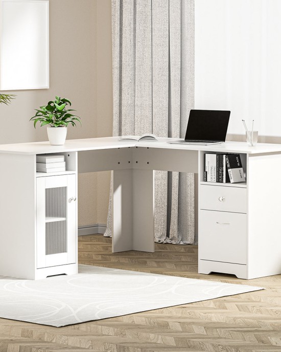 Corner Computer Desk Office Study Desks Table L-Shape Drawers Tables