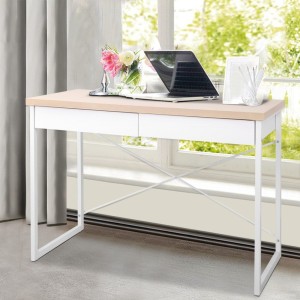 Metal Desk with Drawer – White with Wooden Top