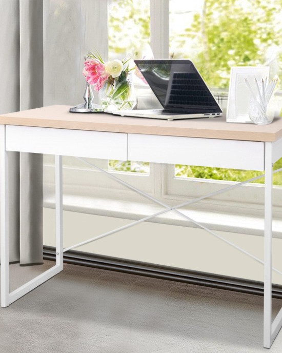 Metal Desk with Drawer – White with Wooden Top