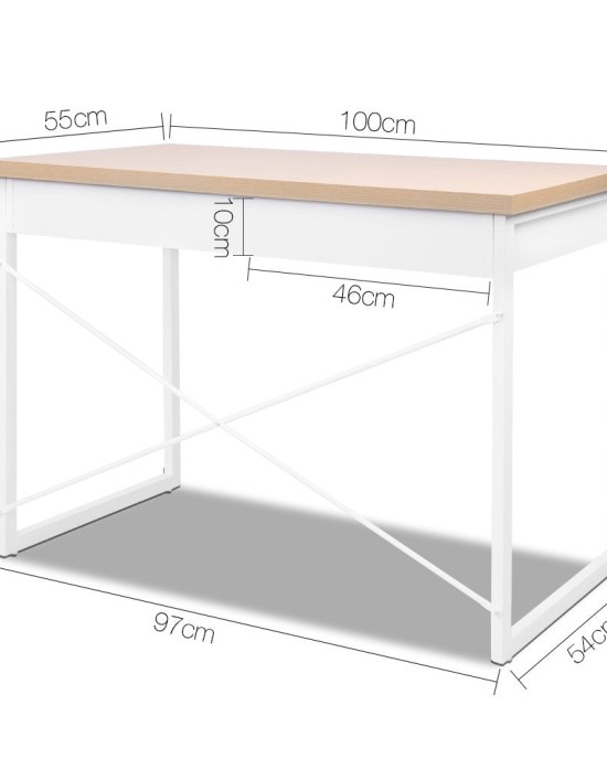 Metal Desk with Drawer – White with Wooden Top