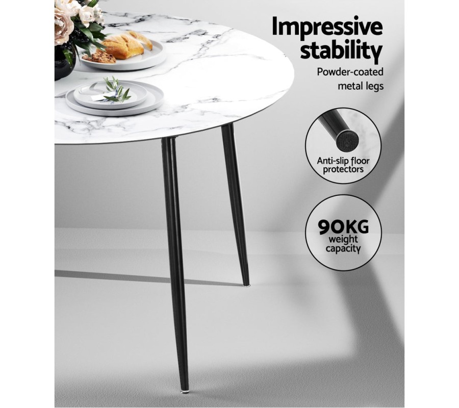 Mefunb Dining Table Round Wooden Table With Marble Effect Metal Legs 110CM White Mefunb Dining Table Round Wooden Table With Marble Effect Metal Legs 110CM White