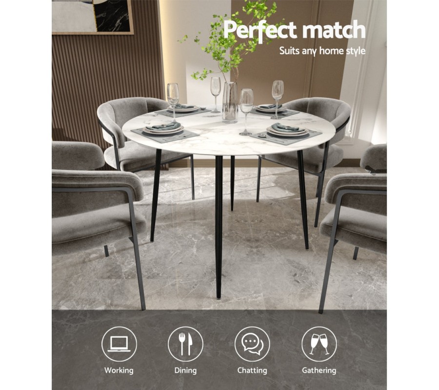 Mefunb Dining Table Round Wooden Table With Marble Effect Metal Legs 110CM White Mefunb Dining Table Round Wooden Table With Marble Effect Metal Legs 110CM White