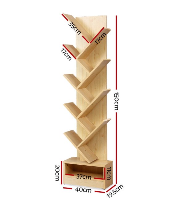 Display Shelf 9-Shelf Tree Bookshelf Book Storage Rack Bookcase Natural