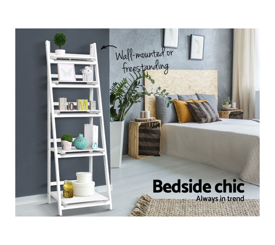 Display Shelf 5 Tier Wooden Ladder Stand Storage Book Shelves Rack White Display Shelf 5 Tier Wooden Ladder Stand Storage Book Shelves Rack White