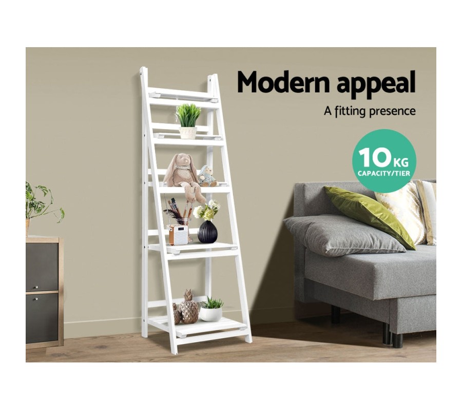 Display Shelf 5 Tier Wooden Ladder Stand Storage Book Shelves Rack White Display Shelf 5 Tier Wooden Ladder Stand Storage Book Shelves Rack White